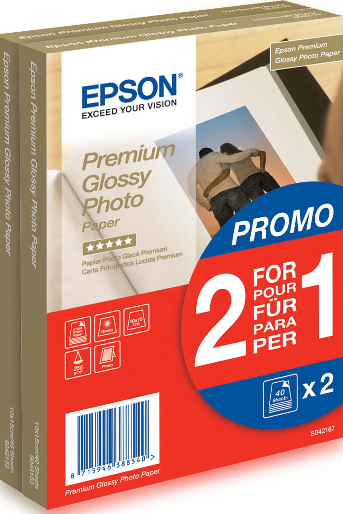 Epson Papel Premium Glossy Photo 255 gr, 10 x 15cm, 40h. Promocion 2x1