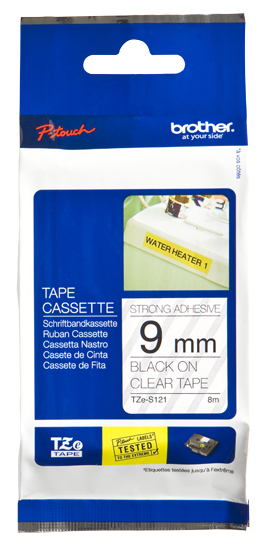 BROTHER Cinta laminada Transparente / negro (Superadhesivo) 9mm