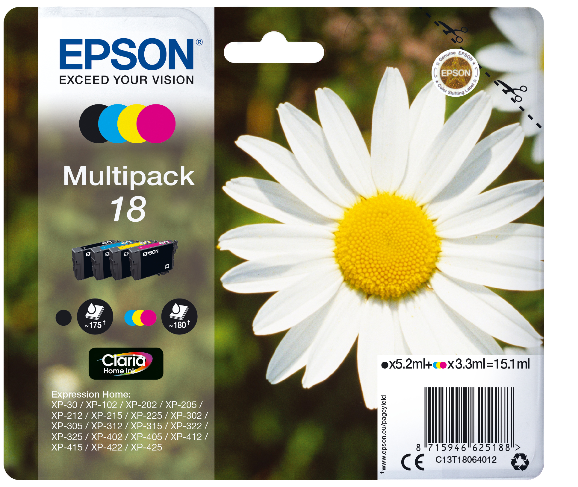 Epson Expression Home XP-102/205/305/405 MultiPack 4 Cartuchos (K,C,M,Y)nº18