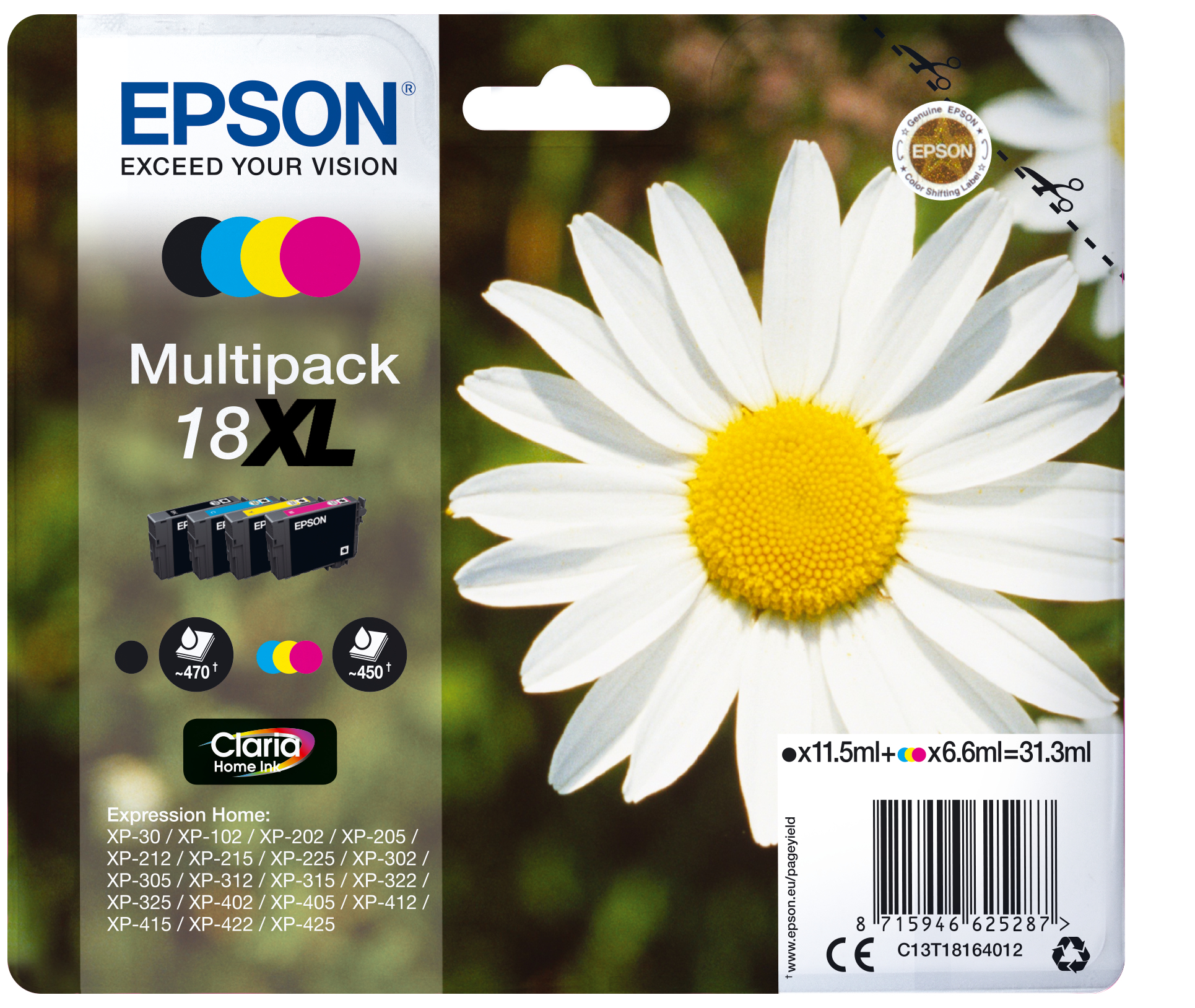 Epson Expression Home XP-102/202/205/215/305/405 Multipack 4 Cartuchos Alta Capacidad (KMCY)18XL