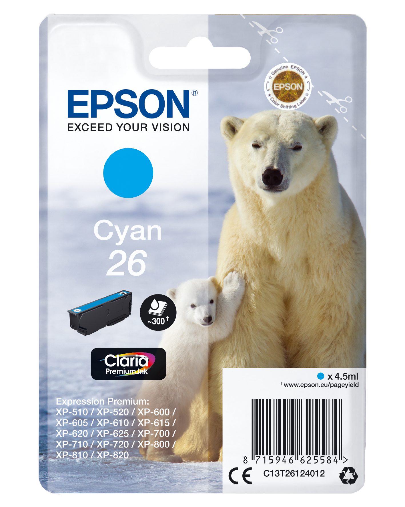Epson Claria Premium Cartucho cian 26 (Blister + Alarma acustico/Radiofrecuencia)