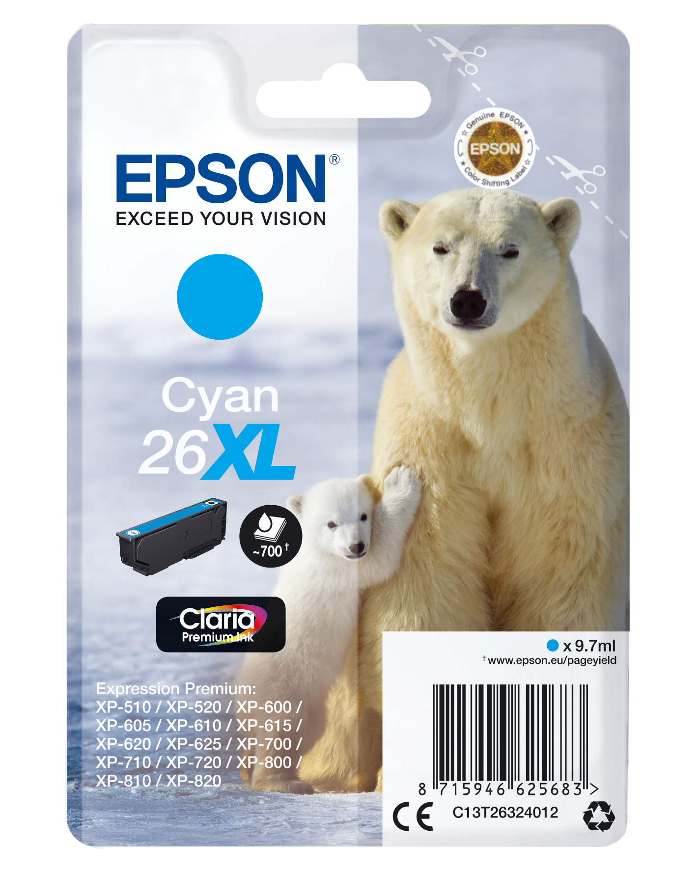 Epson Claria Premium Cartucho Cian 26XL Alta(Blister + Alarma acustico/Radiofrecuencia)