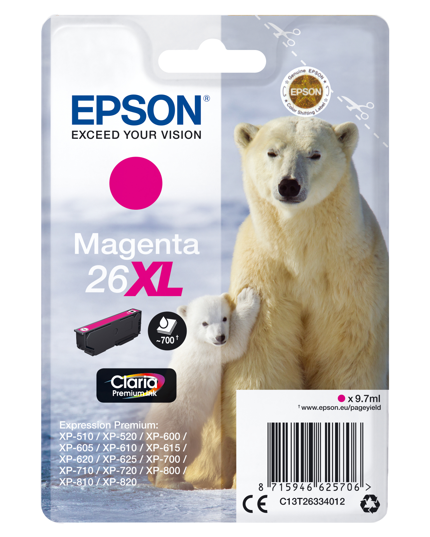 Epson Claria Premium Cartucho Magenta 26XL Alta(Blister + Alarma acustico/Radiofrecuencia)