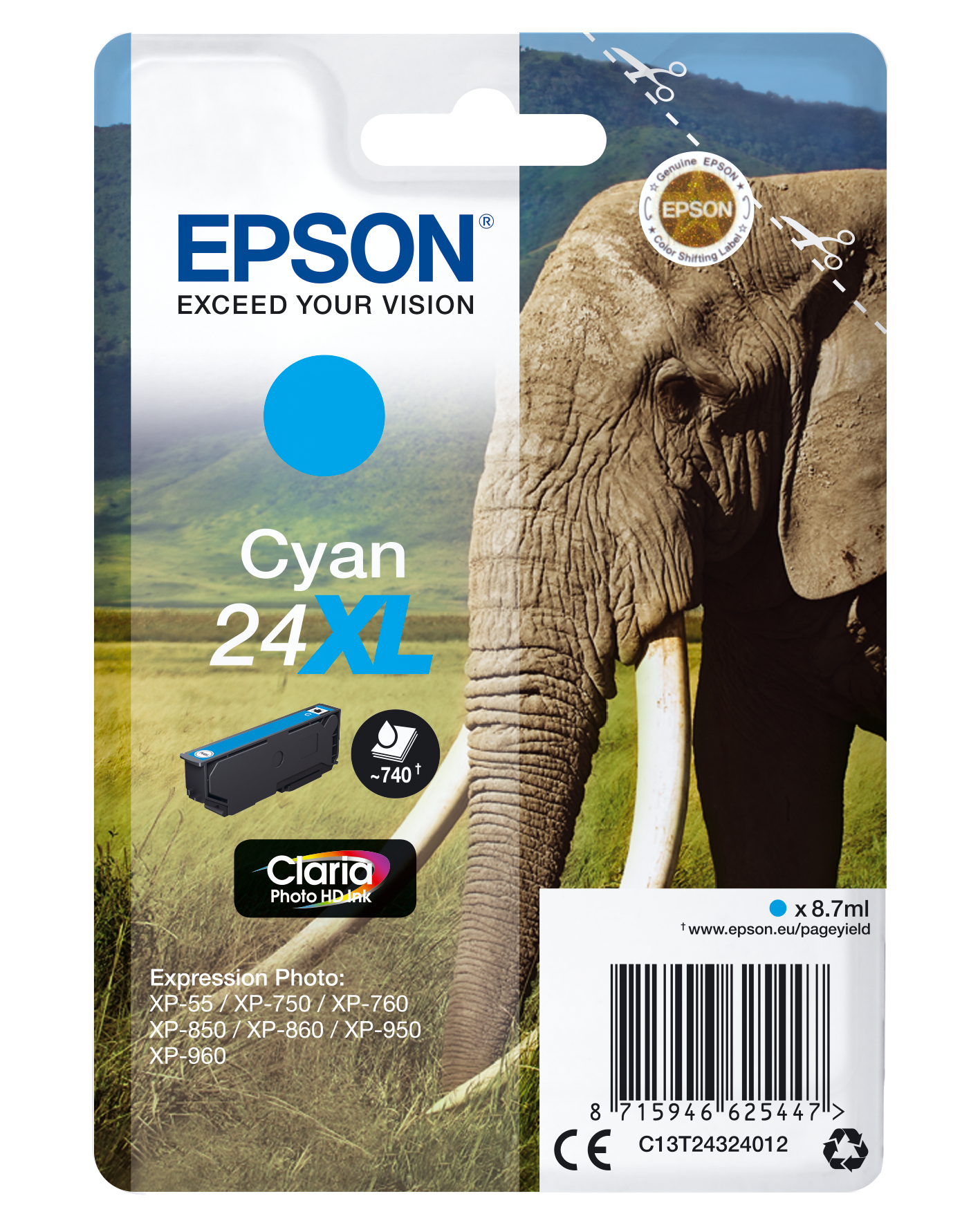 Epson Claria Photo HD Ink Cartucho Cian 24XL Expression Photo XP-760/950