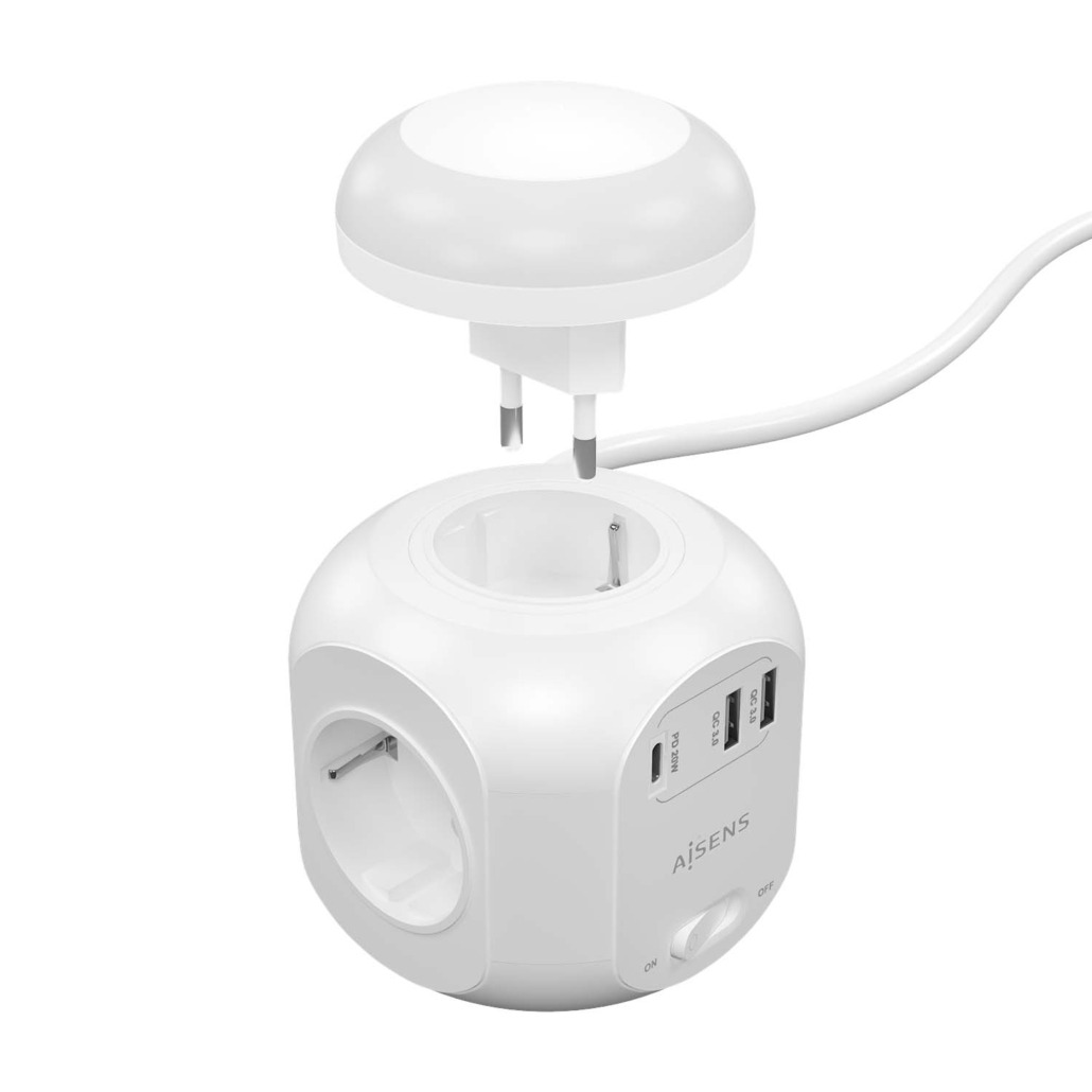 AISENS - REGLETA DE ENCHUFES SOBREMESA MULTIFUNCION CON 4 TOMAS + 1XUSB-C 20W PD3.0, 2XUSB-A 18W QC3.0, LUZ NOCTURNA, 1.8M, BLANCO