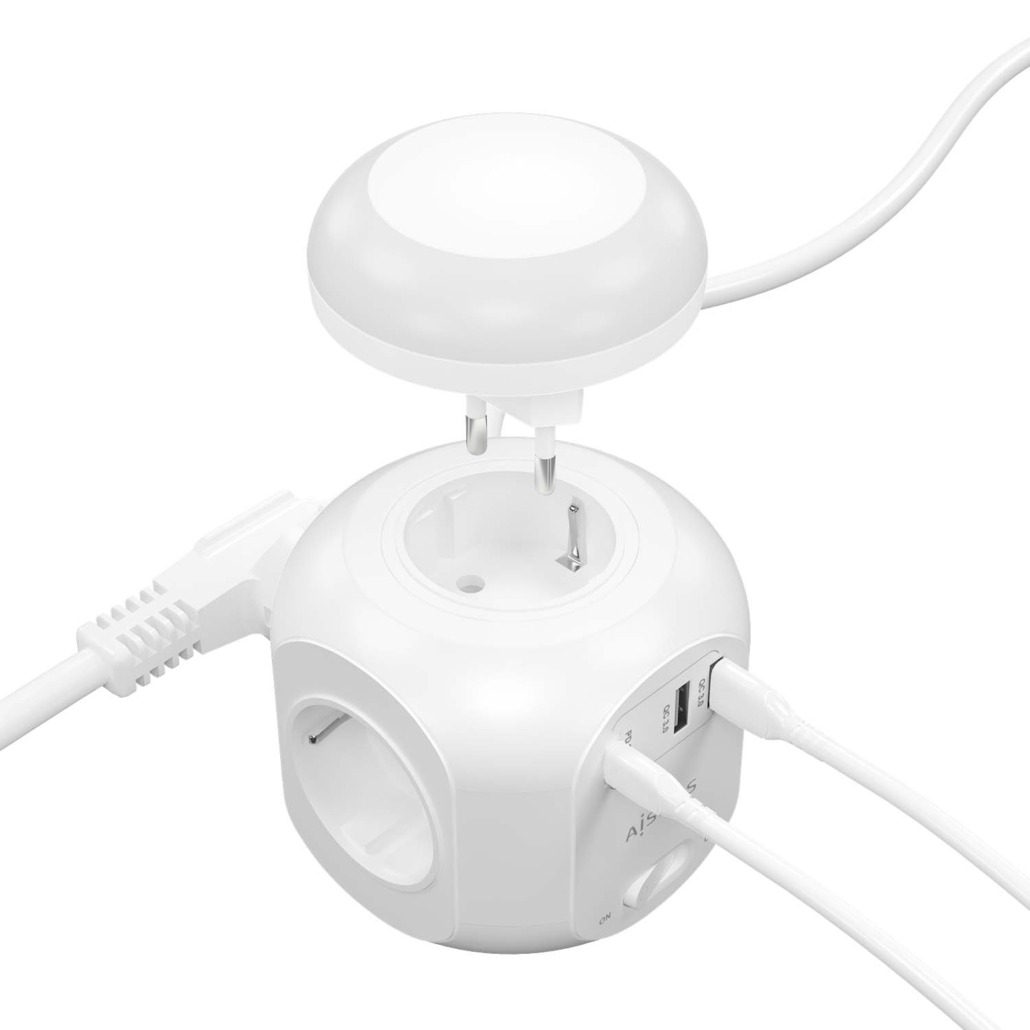 AISENS - REGLETA DE ENCHUFES SOBREMESA MULTIFUNCION CON 4 TOMAS + 1XUSB-C 20W PD3.0, 2XUSB-A 18W QC3.0, LUZ NOCTURNA, 1.8M, BLANCO