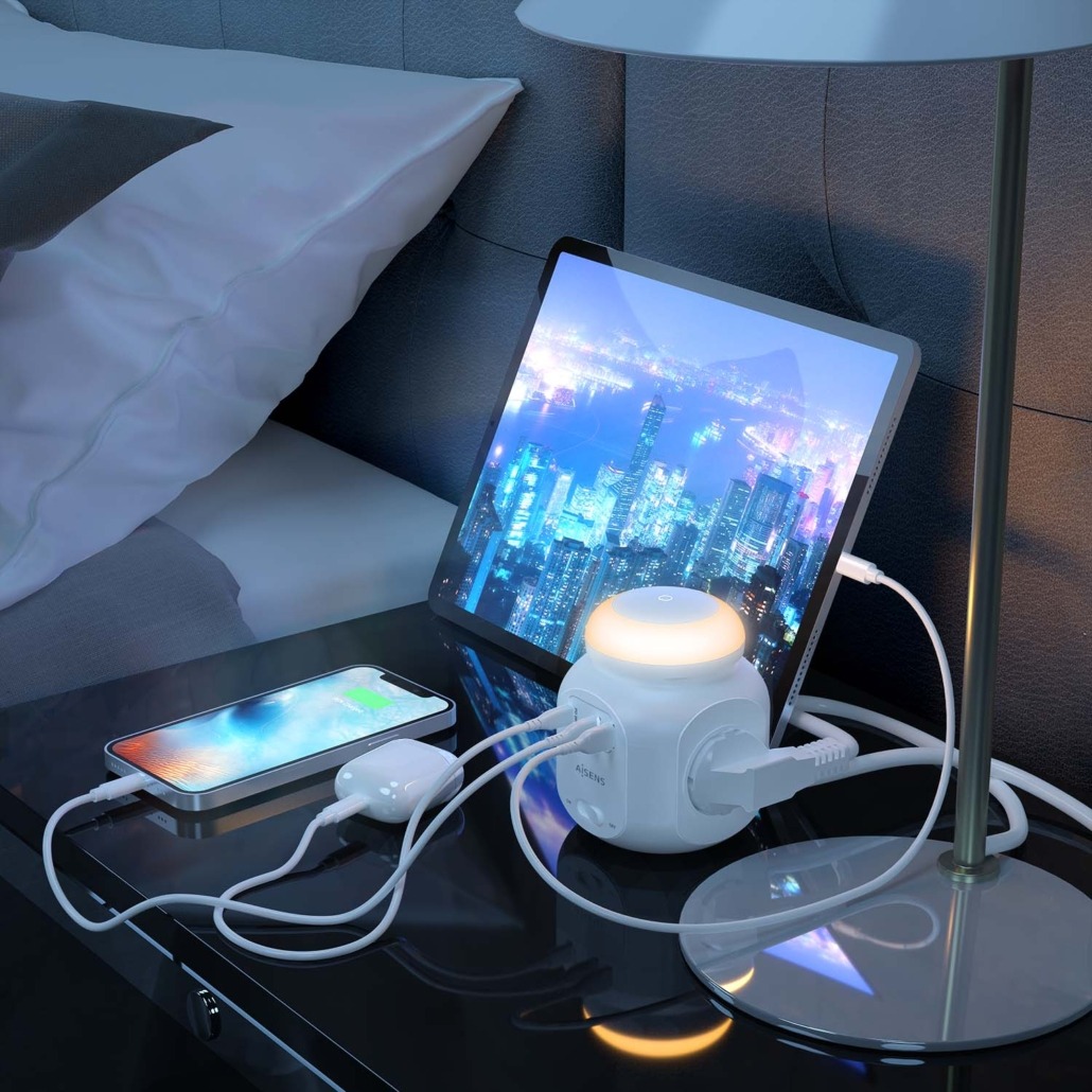 AISENS - REGLETA DE ENCHUFES SOBREMESA MULTIFUNCION CON 4 TOMAS + 1XUSB-C 20W PD3.0, 2XUSB-A 18W QC3.0, LUZ NOCTURNA, 1.8M, BLANCO