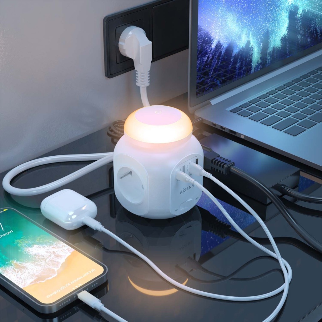 AISENS - REGLETA DE ENCHUFES SOBREMESA MULTIFUNCION CON 4 TOMAS + 1XUSB-C 20W PD3.0, 2XUSB-A 18W QC3.0, LUZ NOCTURNA, 1.8M, BLANCO