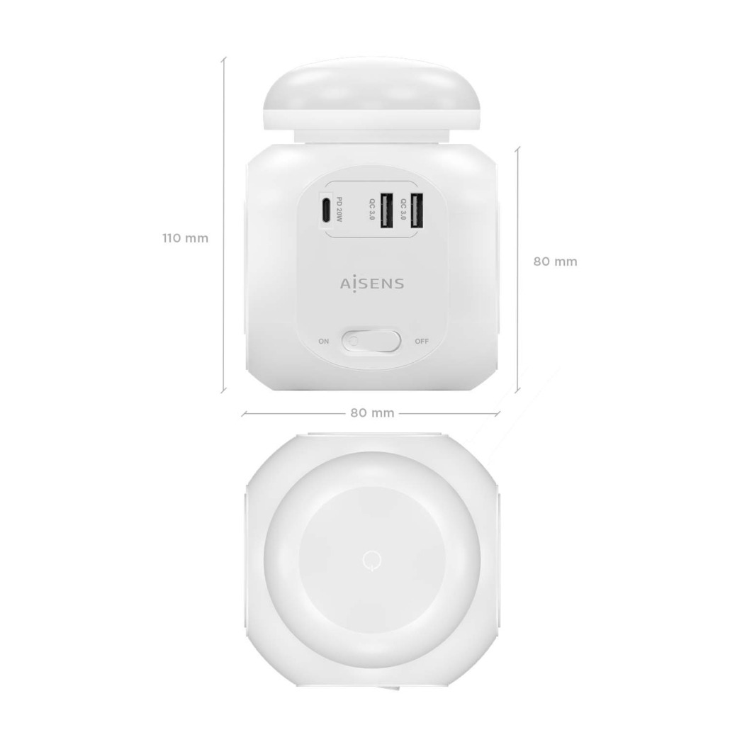 AISENS - REGLETA DE ENCHUFES SOBREMESA MULTIFUNCION CON 4 TOMAS + 1XUSB-C 20W PD3.0, 2XUSB-A 18W QC3.0, LUZ NOCTURNA, 1.8M, BLANCO