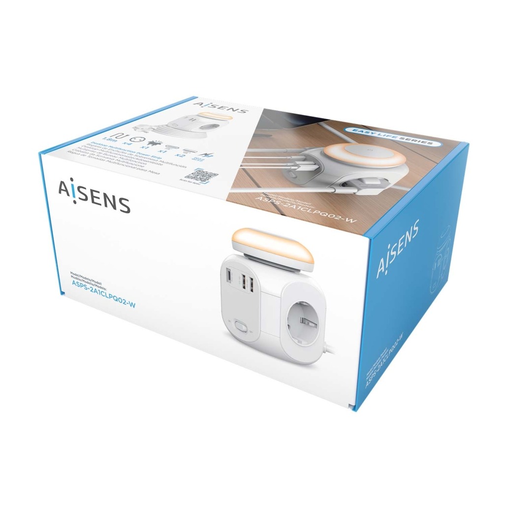 AISENS - REGLETA DE ENCHUFES SOBREMESA MULTIFUNCION CON 4 TOMAS + 1XUSB-C 20W PD3.0, 2XUSB-A 18W QC3.0, LUZ NOCTURNA, 1.8M, BLANCO