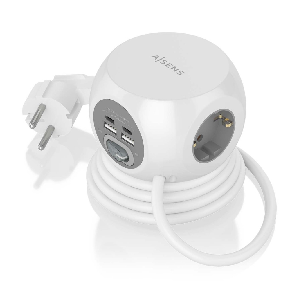 AISENS - REGLETA DE ENCHUFES SOBREMESA MULTIFUNCION CON 3 TOMAS + 2xUSB-C, 2xUSB-A, 1.4M, BLANCO