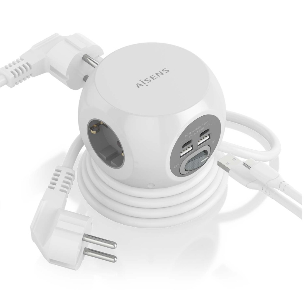 AISENS - REGLETA DE ENCHUFES SOBREMESA MULTIFUNCION CON 3 TOMAS + 2xUSB-C, 2xUSB-A, 1.4M, BLANCO