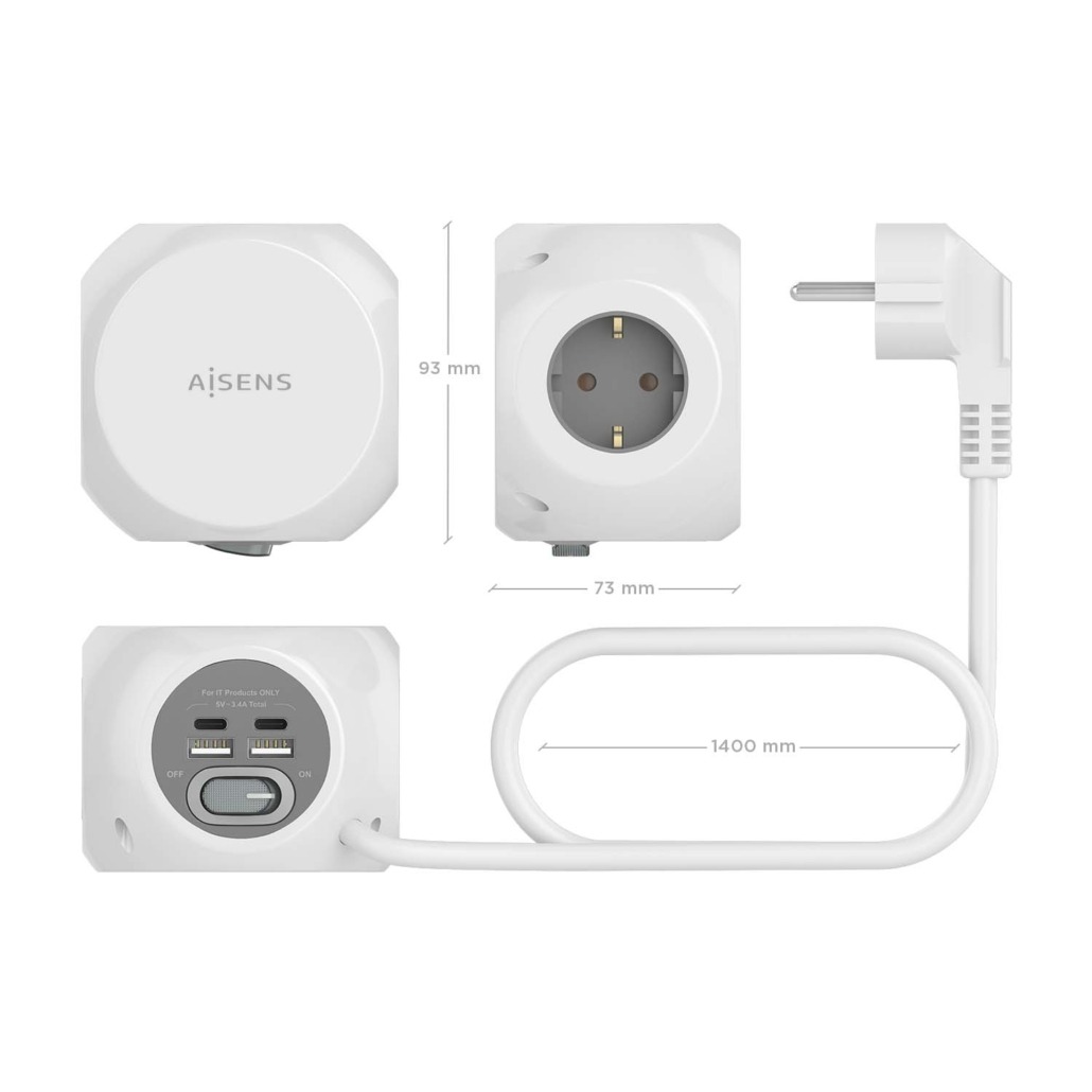 AISENS - REGLETA DE ENCHUFES SOBREMESA MULTIFUNCION CON 3 TOMAS + 2xUSB-C, 2xUSB-A, 1.4M, BLANCO