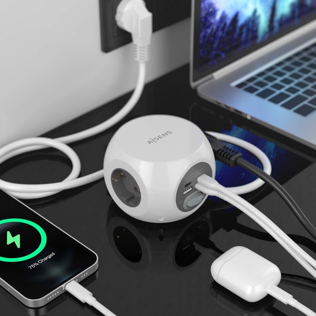 AISENS - REGLETA DE ENCHUFES SOBREMESA MULTIFUNCION CON 3 TOMAS + 2xUSB-C, 2xUSB-A, 1.4M, BLANCO