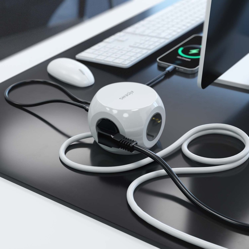 AISENS - REGLETA DE ENCHUFES SOBREMESA MULTIFUNCION CON 3 TOMAS + 2xUSB-C, 2xUSB-A, 1.4M, BLANCO
