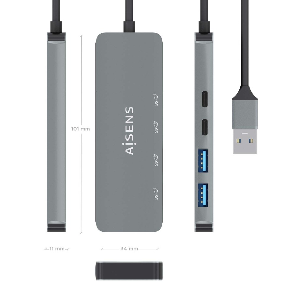 AISENS - HUB USB 3.2 GEN2 10G USB-A, USB-A/M-2xUSB-C/H-2xUSB-A/H, GRIS, 15CM