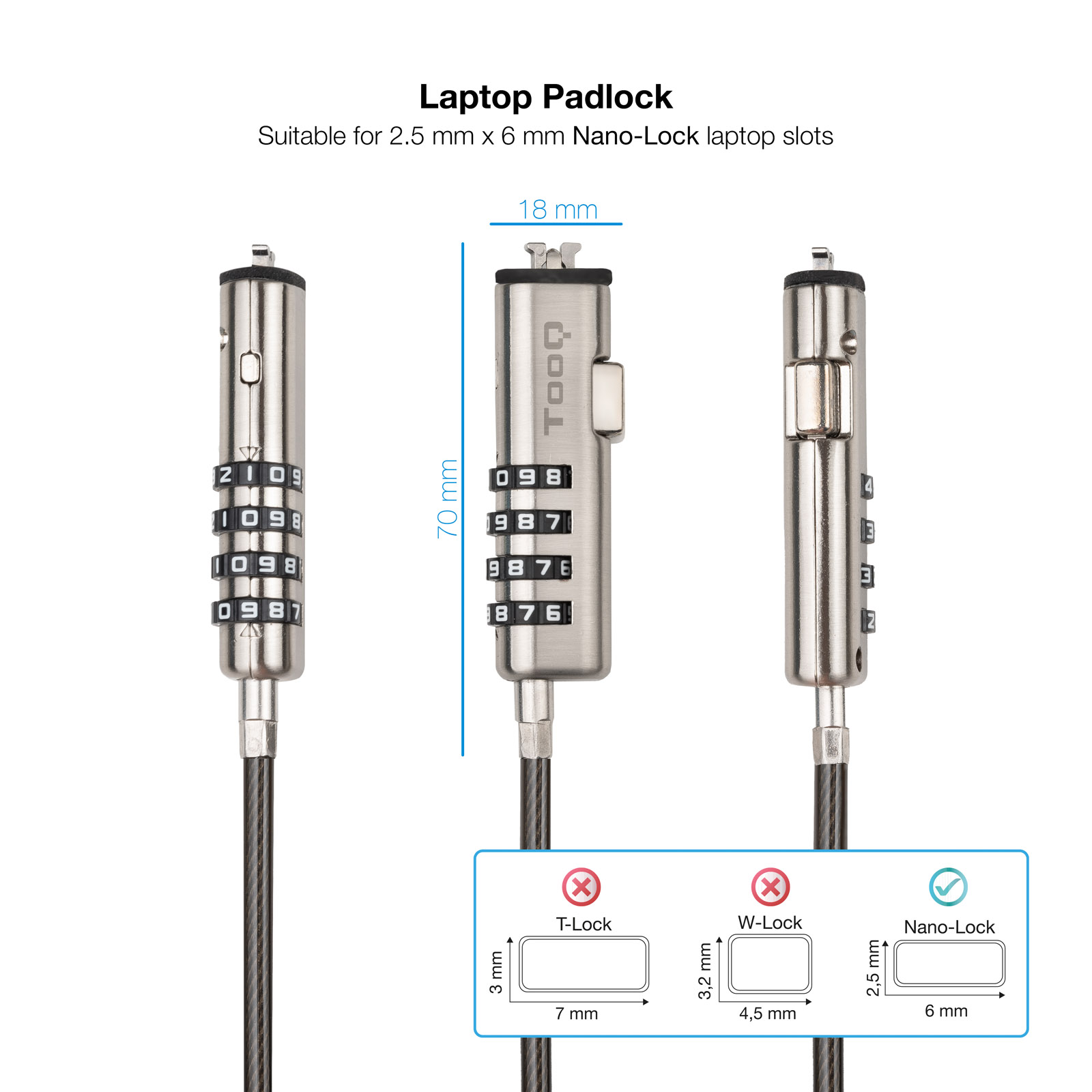 TOOQ Cable de Seguridad Tipo NANO con Combinacion para Portatiles 1.5 metros, Gris Oscuro