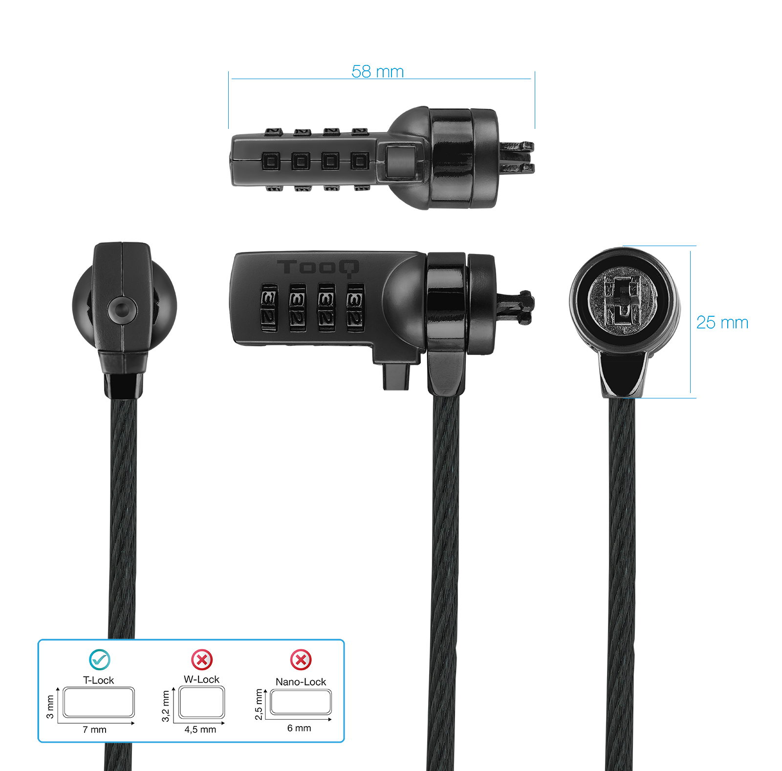 TOOQ Cable de Seguridad T-LOCK con Combinacion para Portatiles 1.5 metros, Gris Oscuro