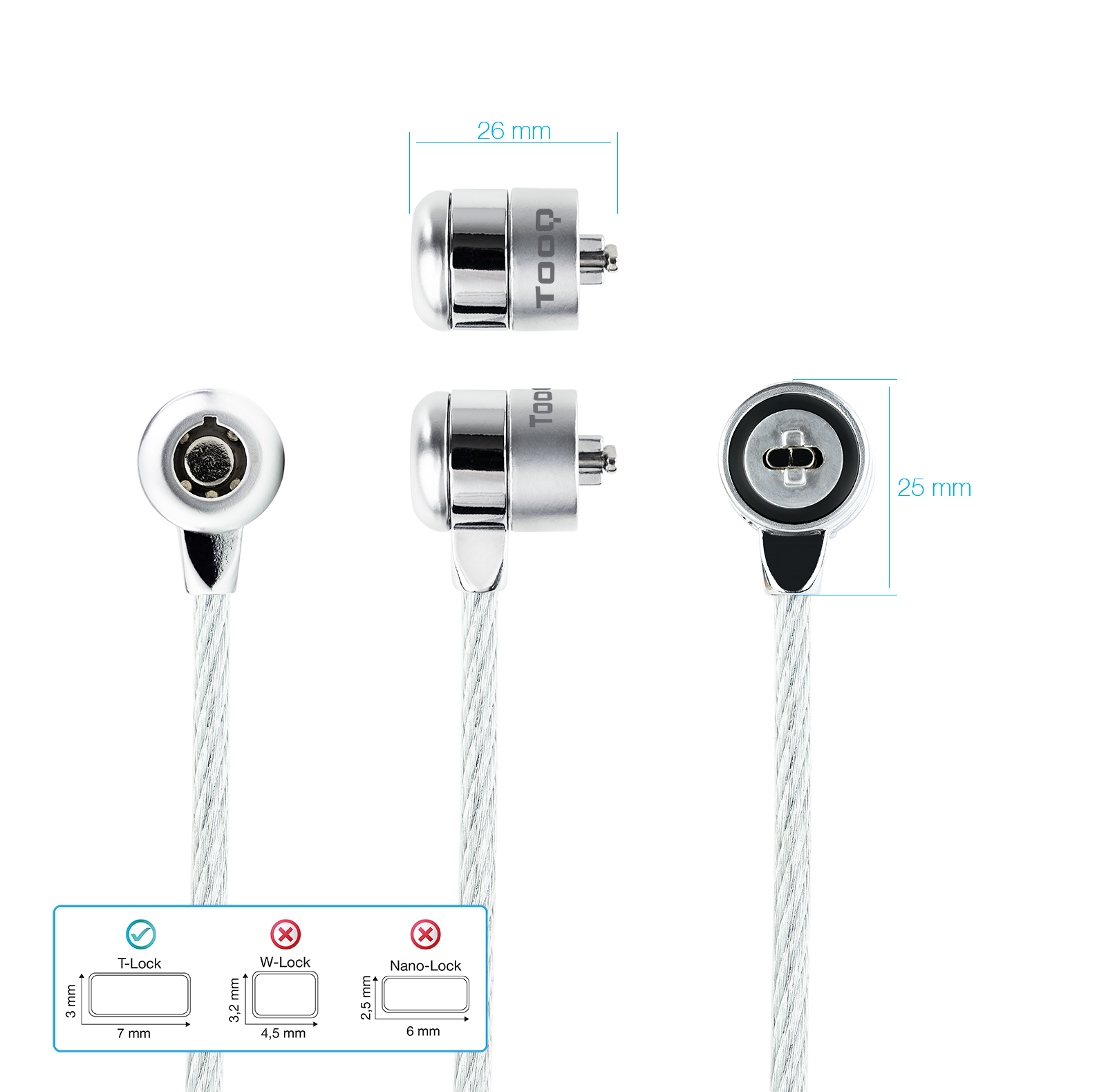 TOOQ  Cable de seguridad T-LOCK con llave para portatiles 1.5 metros