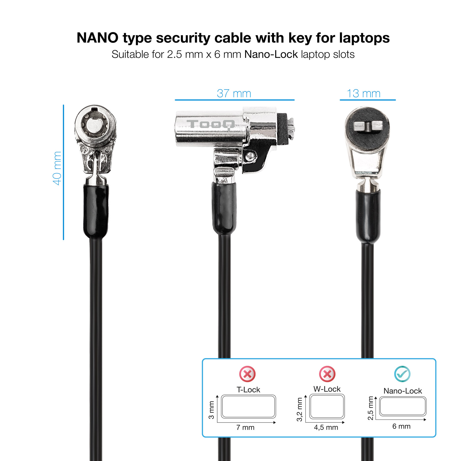 TOOQ Cable de Seguridad Tipo NANO con Llave para Portatiles 1.5 metros, Gris Oscuro