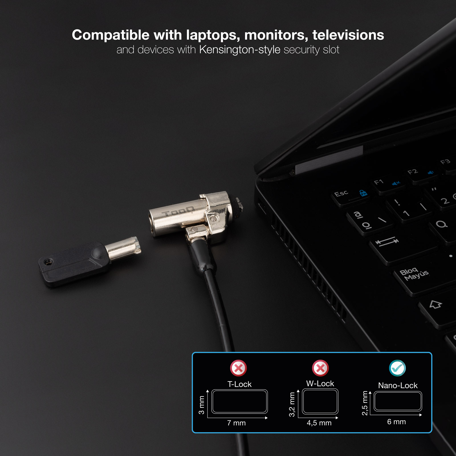 TOOQ Cable de Seguridad Tipo NANO con Llave para Portatiles 1.5 metros, Gris Oscuro