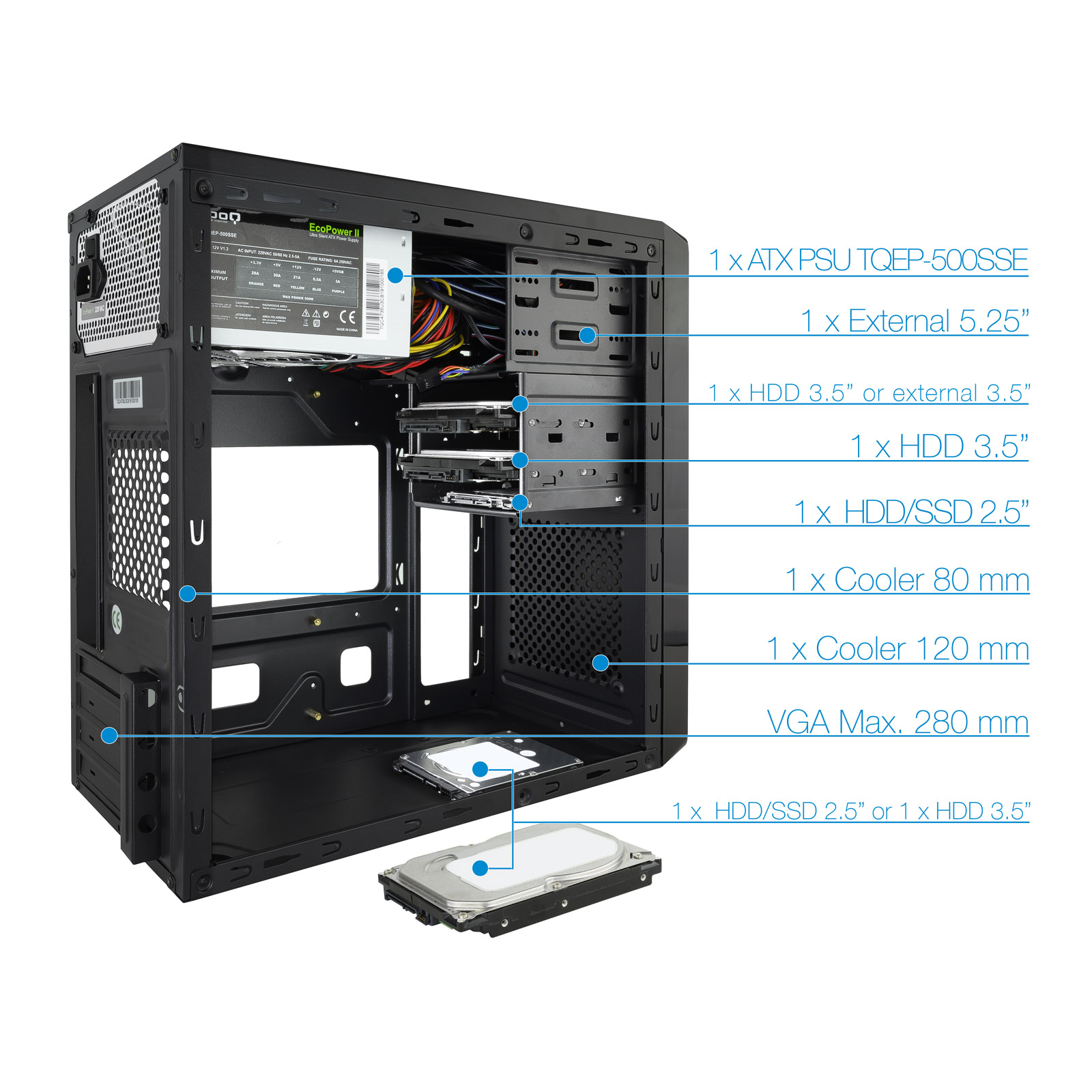 TOOQ CAJA MINITORRE MATX TQC-4735U3C-B 500W L.TARJETAS- desctalogado