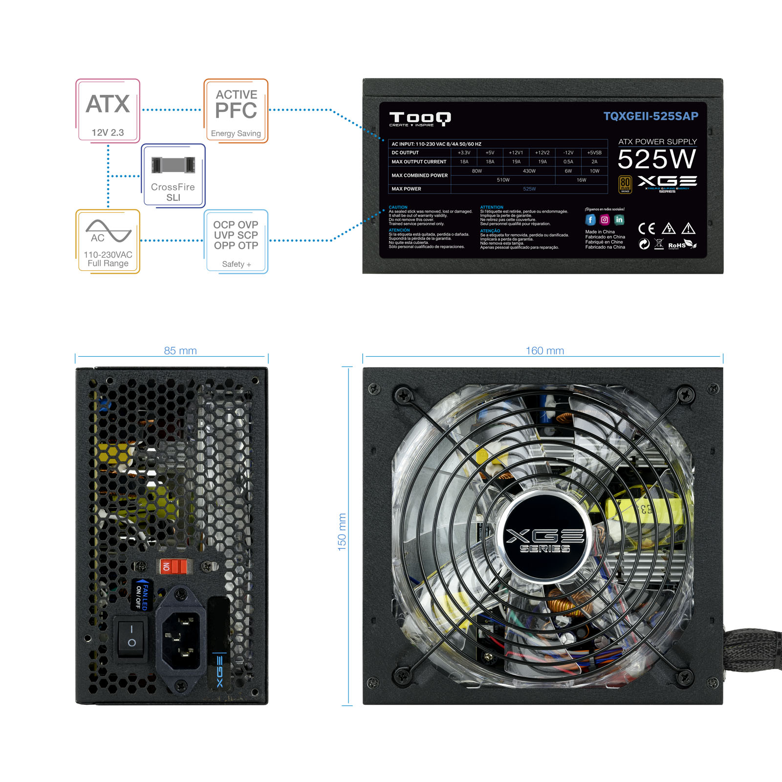 TOOQ FUENTE GAMING 525W ATX12V V2.31 APFC 82+ LED ON/OFF- Descatalogado