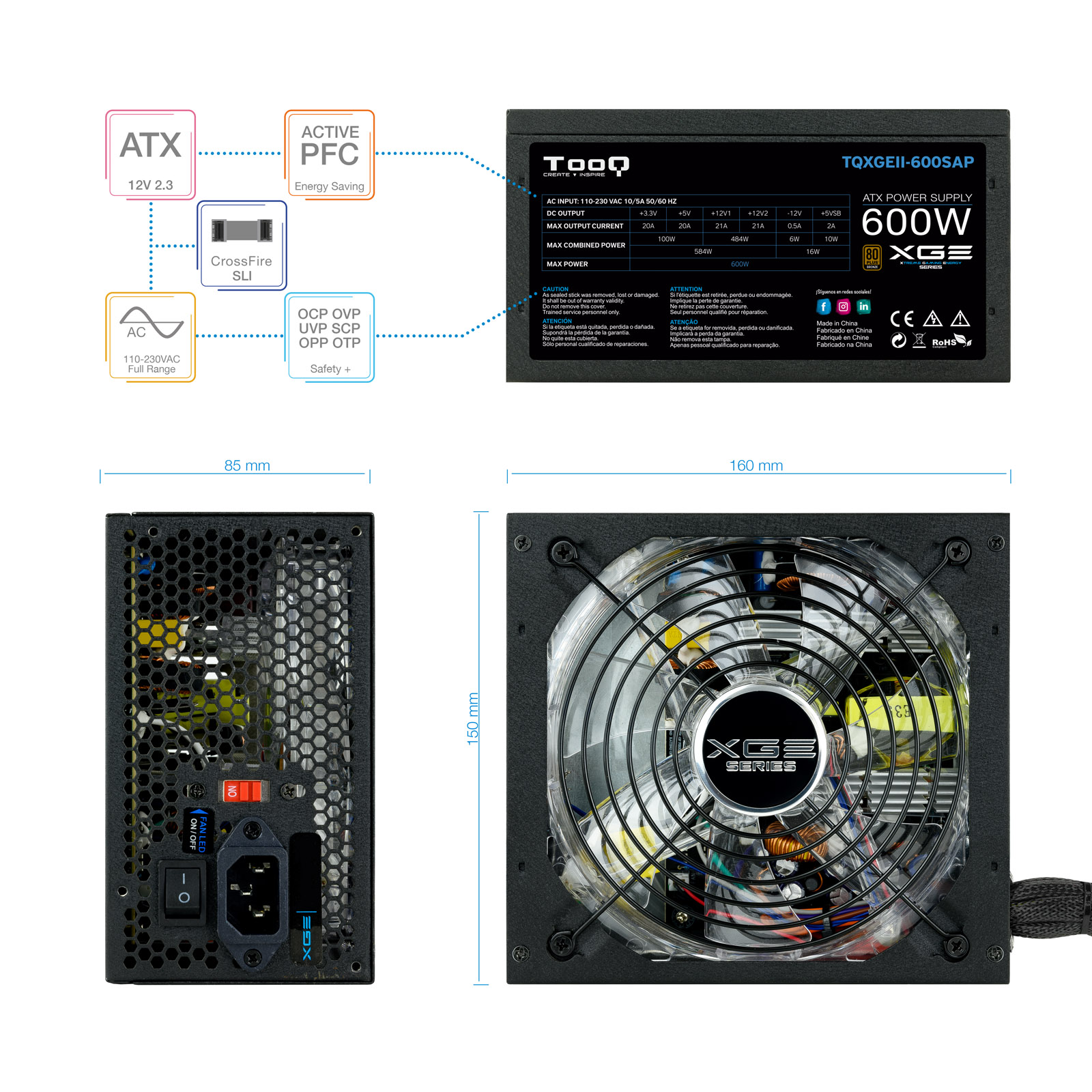 TOOQ FUENTE GAMING 600W ATX12V V2.31 APFC 82+ LED ON/OFF- descatalogado