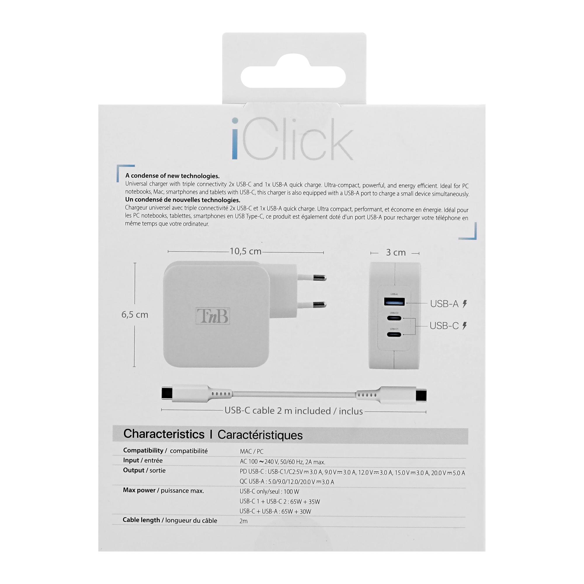 TNB iClick - Cargador GAN 100W USB-C y USB-A - blanco