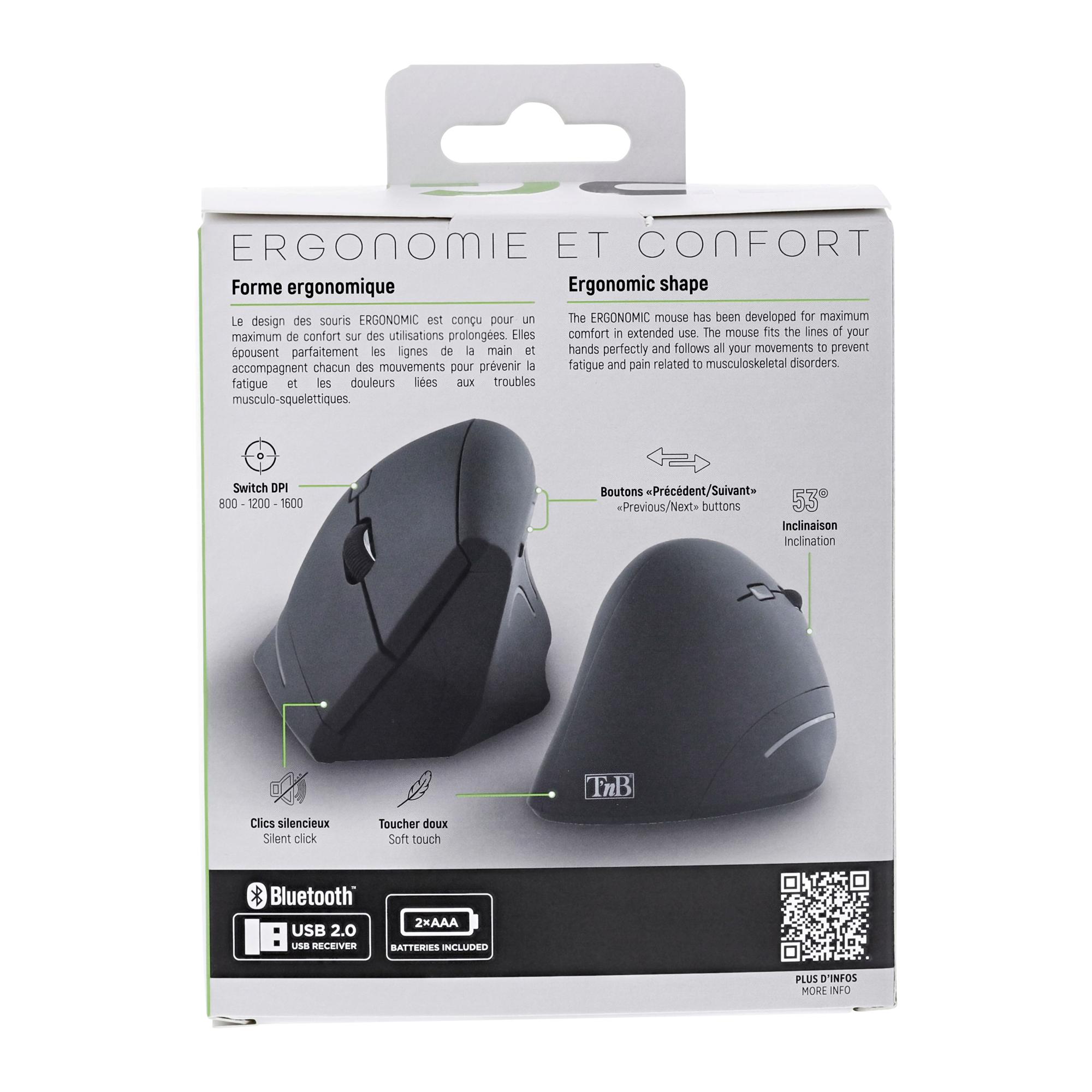 TNB ERGO - Ratón inalámbrico vertical ergonómico Bluetooth + USB-A 2,4 GHz - negro