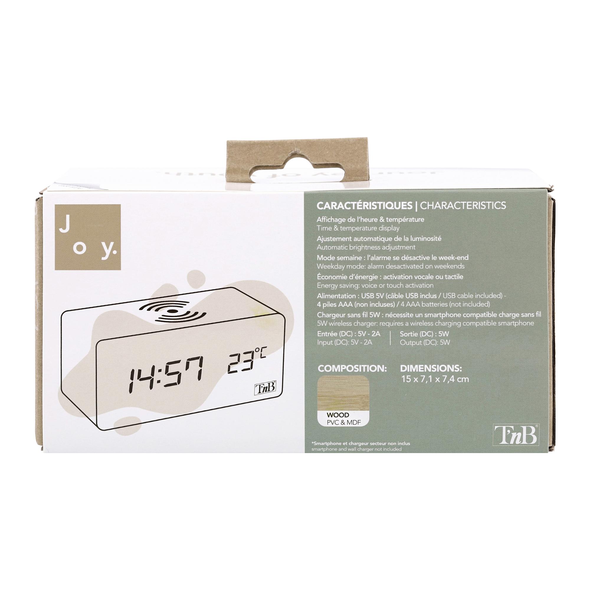 TNB JOY - Reloj despertador LED de 3 alarmas con cargador de inducción - efecto madera