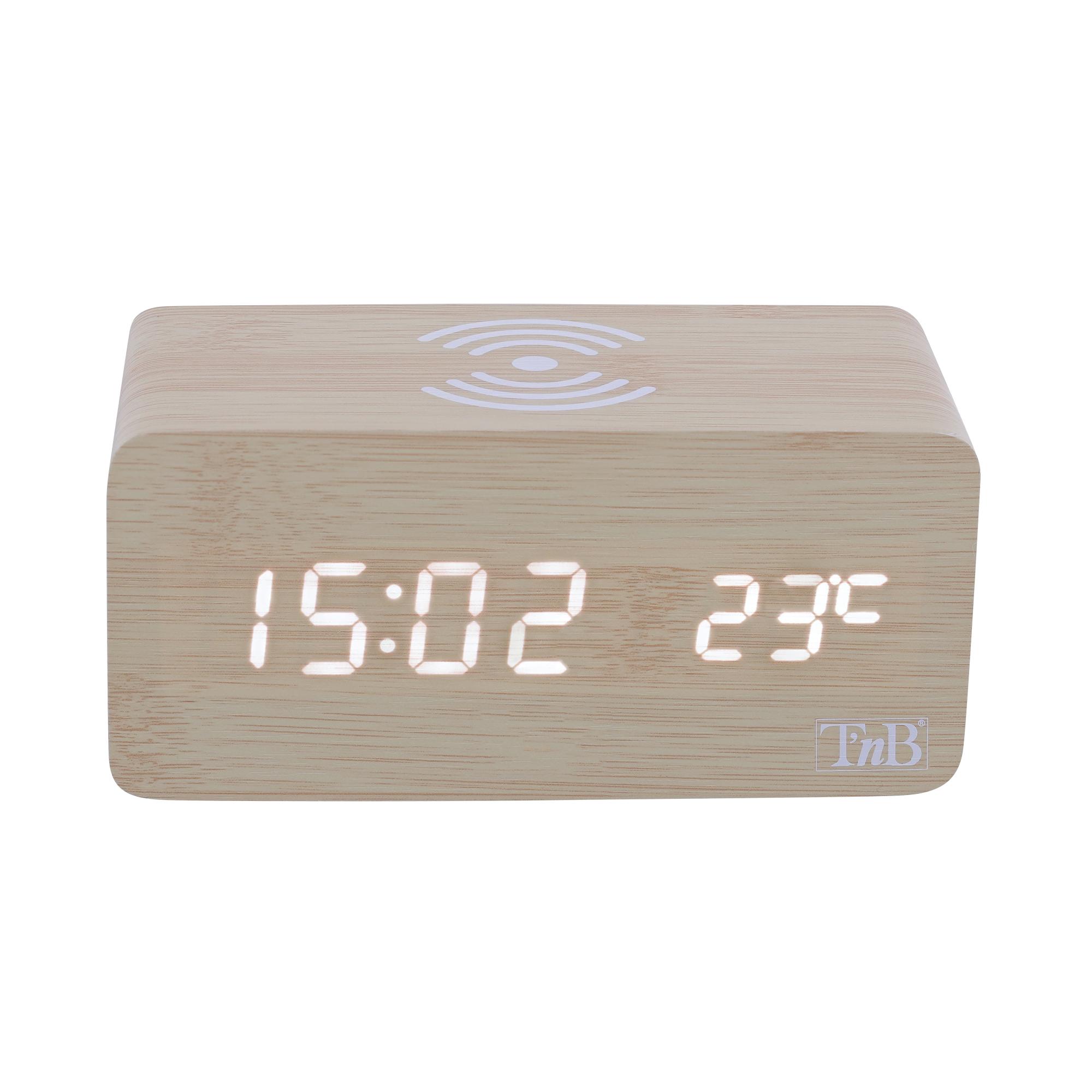 TNB JOY - Reloj despertador LED de 3 alarmas con cargador de inducción - efecto madera