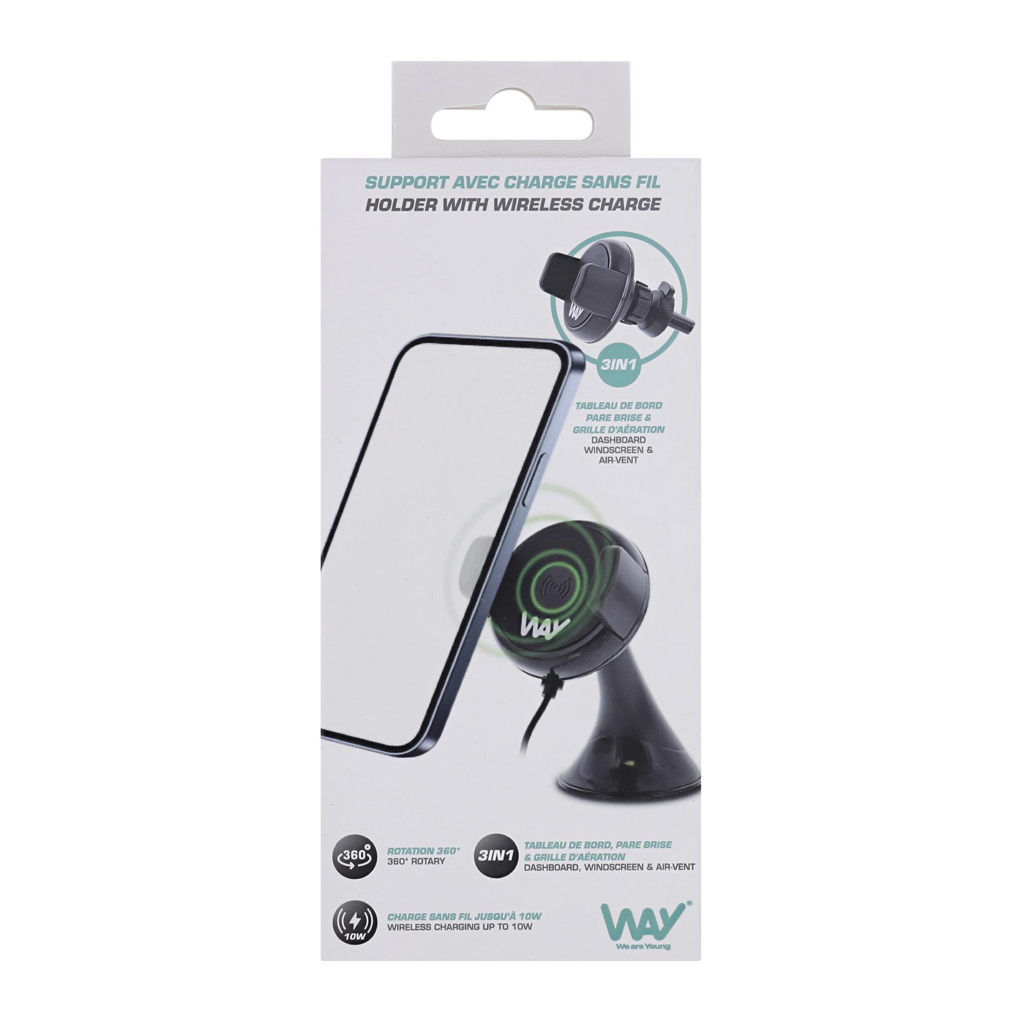 TNB WAY - Cargador de coche de inducción de 10W, soportes 2 en 1 + cable micro USB integrado - Negro