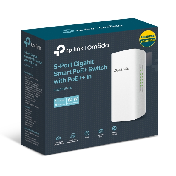 TP-LINK Switch Omada Smart de 5 puertos Gigabit, 1 PoE++ In y 4 PoE+ Out para exterior