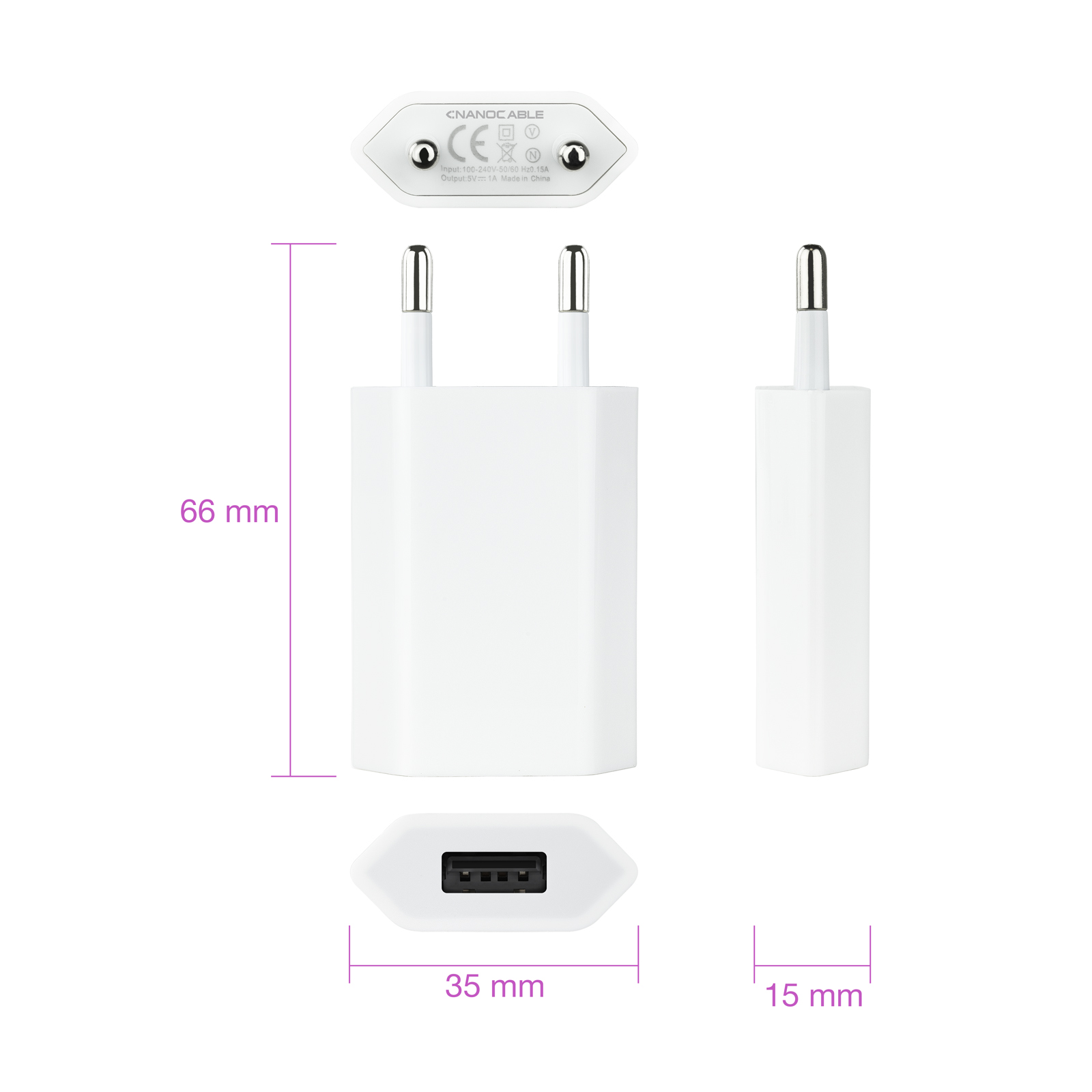 NANOCABLE MINI CARGADOR USB 5V-1A BLANCO