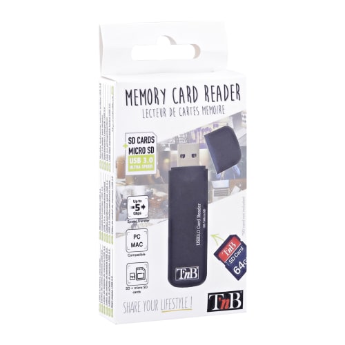 TNB Lector de Tarjeta de memoria POCKET READER USB3 - USB 3.0 memory card readerCompatibility: SDHC, micro SD, T-flash - Connectivity: USB3.0 - Black colour