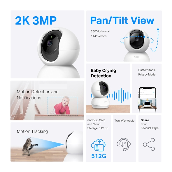 TP-LINK TAPO TC71 Camara de Vigilancia Wi-Fi de 360 Grados con Vista 2K 3MP y Deteccion IA