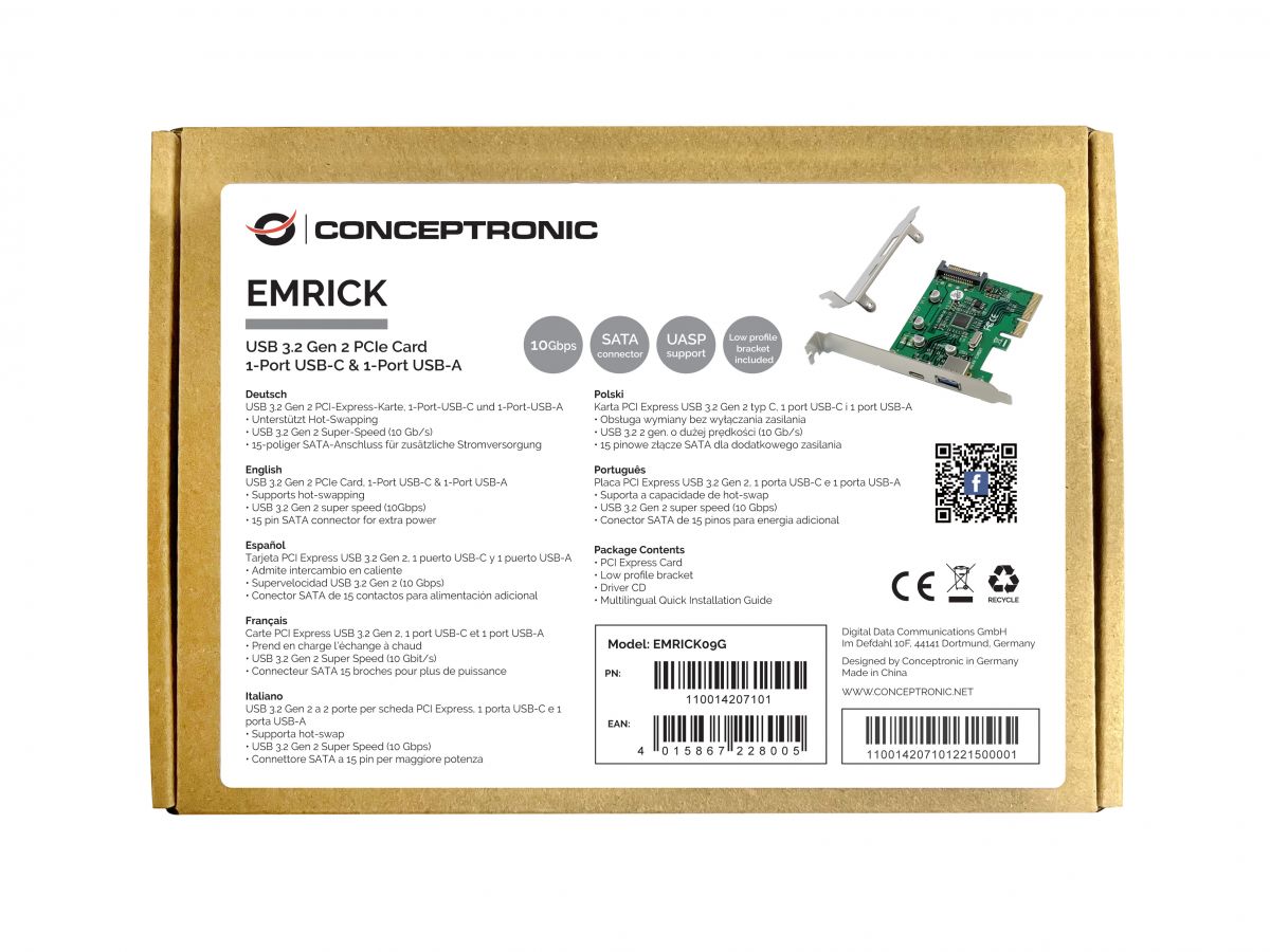 CONCEPTRONIC Tarjeta PCIe EMRICK de 2 puertos USB 3.2 GEN 2