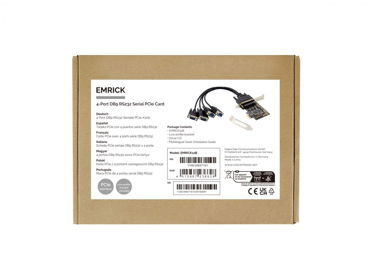 CONCEPTRONIC Tarjeta PCIe serie DB9 RS232 de 4 puertos
