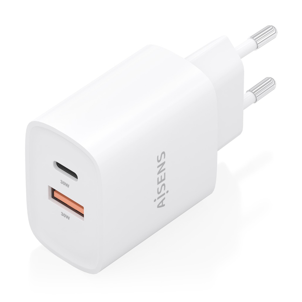 AISENS - CARGADOR GaN 30W, 1xUSB-C PD3.0 QC4.0, 1xUSB-A QC3.0, BLANCO