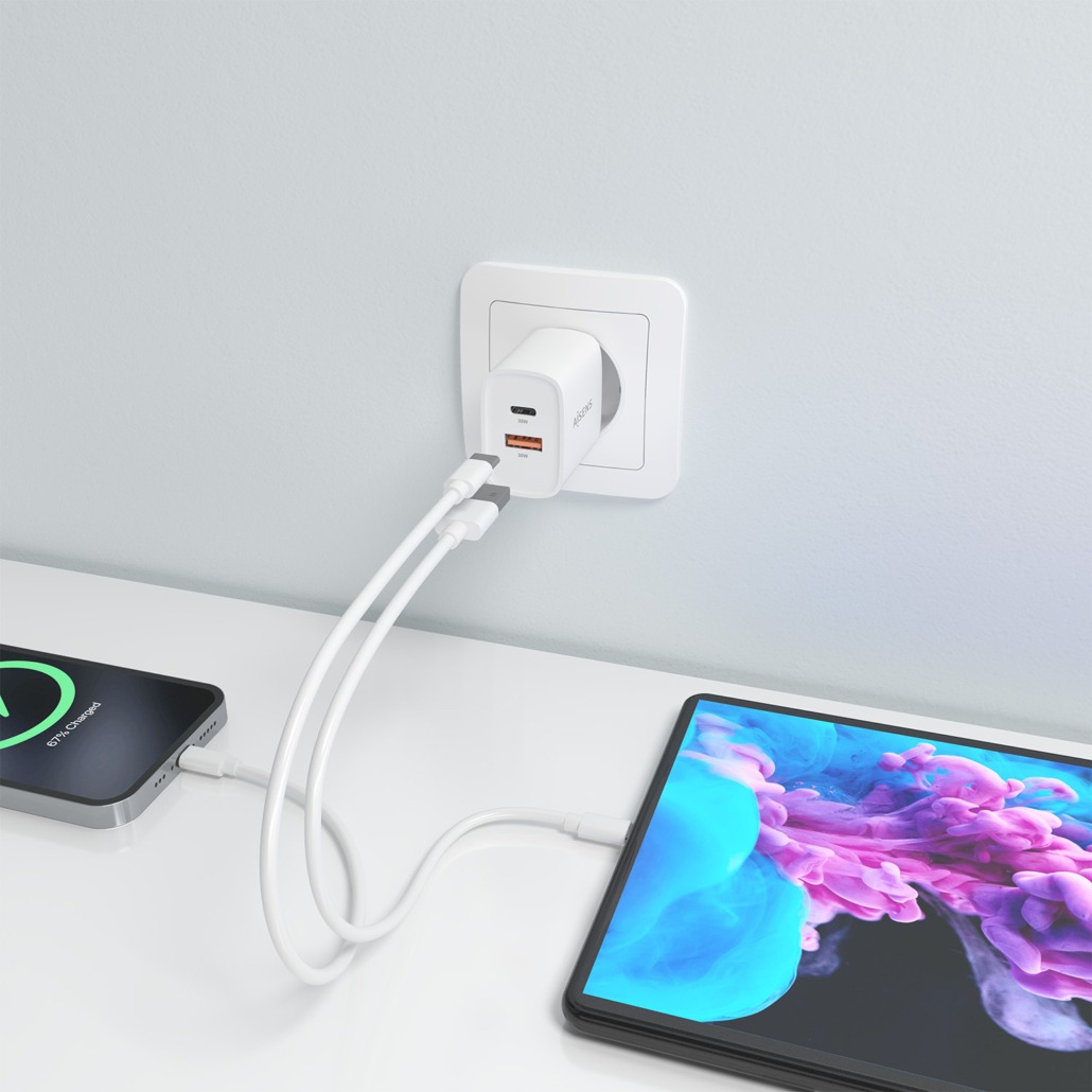 AISENS - CARGADOR GaN 30W, 1xUSB-C PD3.0 QC4.0, 1xUSB-A QC3.0, BLANCO