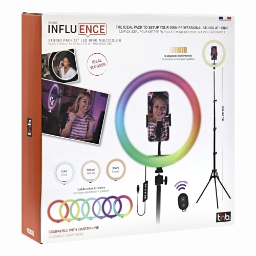 TNB INFLUENCE - 12" LED ring light in white and RGB light + tripod for studio - black