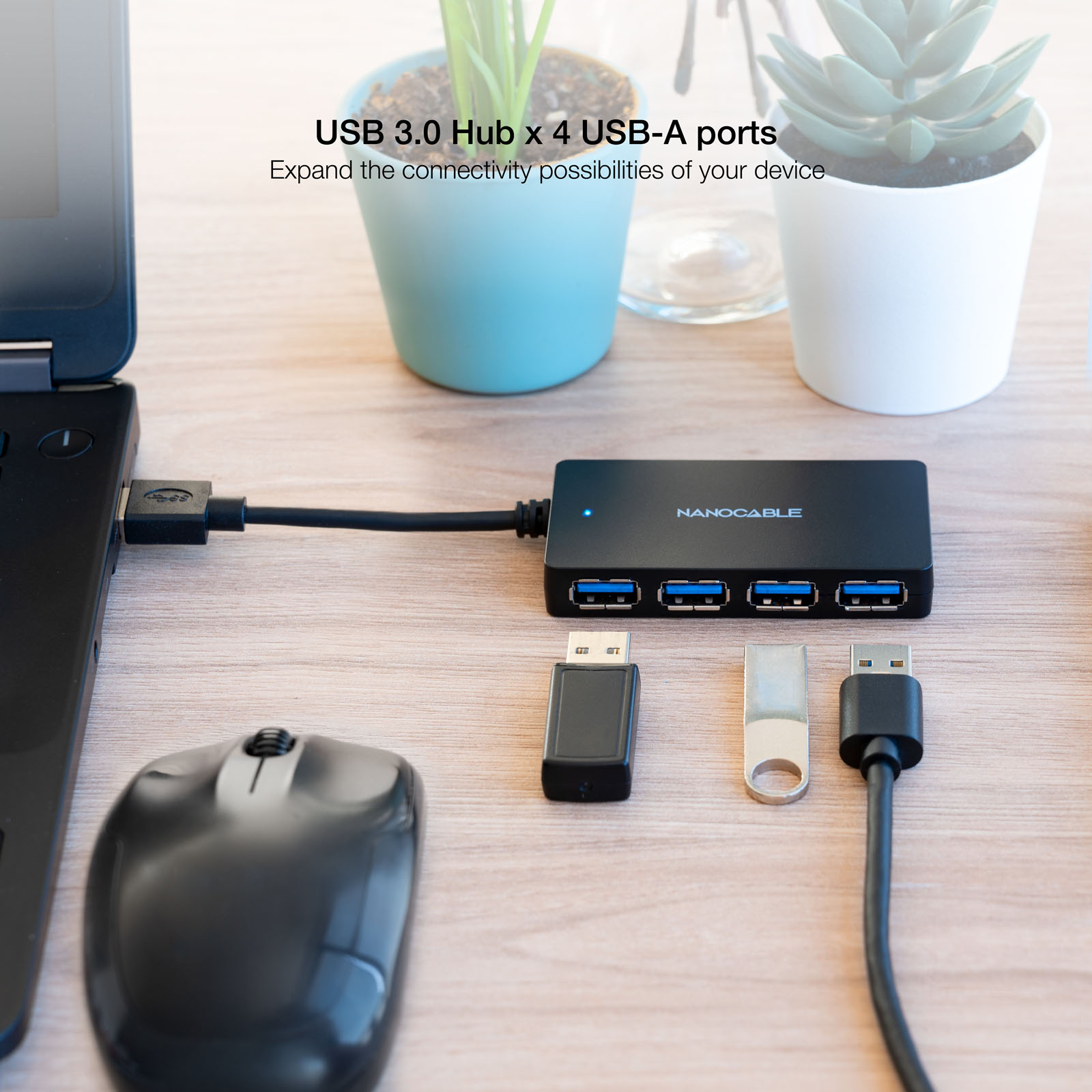 NANOCABLE Hub USB 3.0 con 4 Puertos de USB 3.0, USB-A/M-USB 3.0/H, Negro, 15 cm