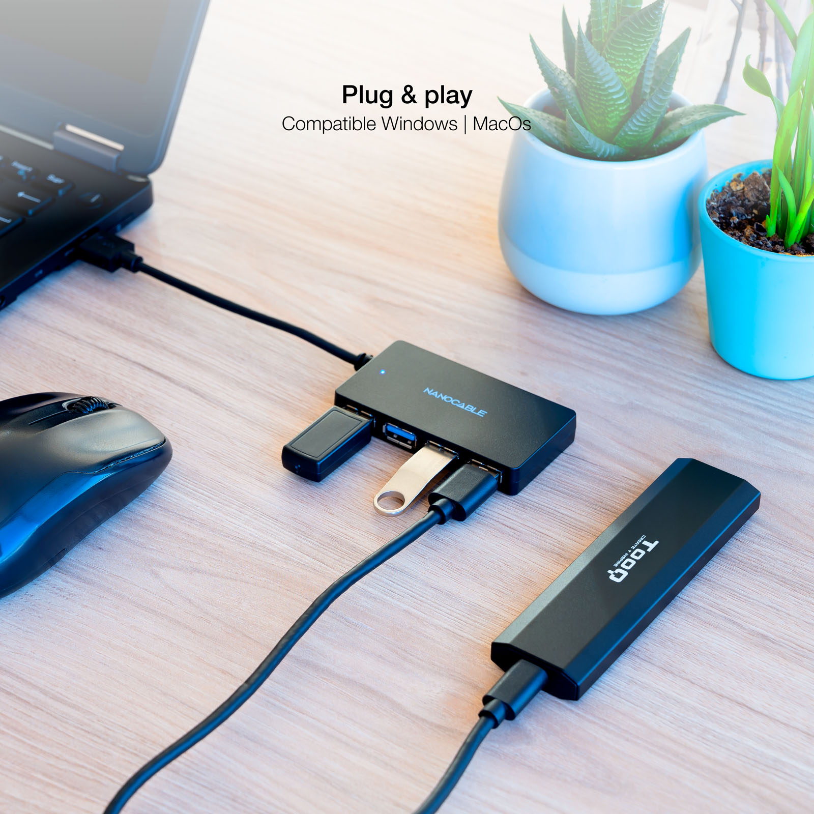 NANOCABLE Hub USB 3.0 con 4 Puertos de USB 3.0, USB-A/M-USB 3.0/H, Negro, 15 cm