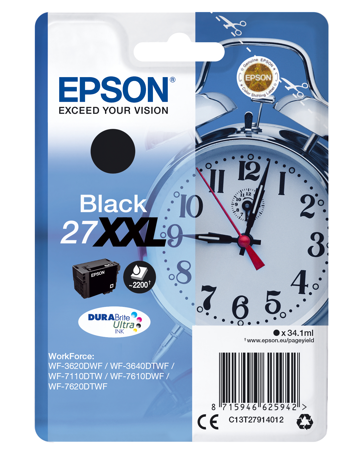 Epson WorkForce WF-3000 y WF-7000/WF-7715DWF Cartucho Negro de Alta Capacidad 2.200 pag.nº27XXL