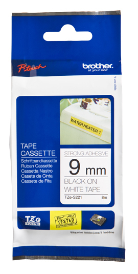 BROTHER Cinta laminada blanco/negro (superadhesiva) 9 mm, longitud 8 m