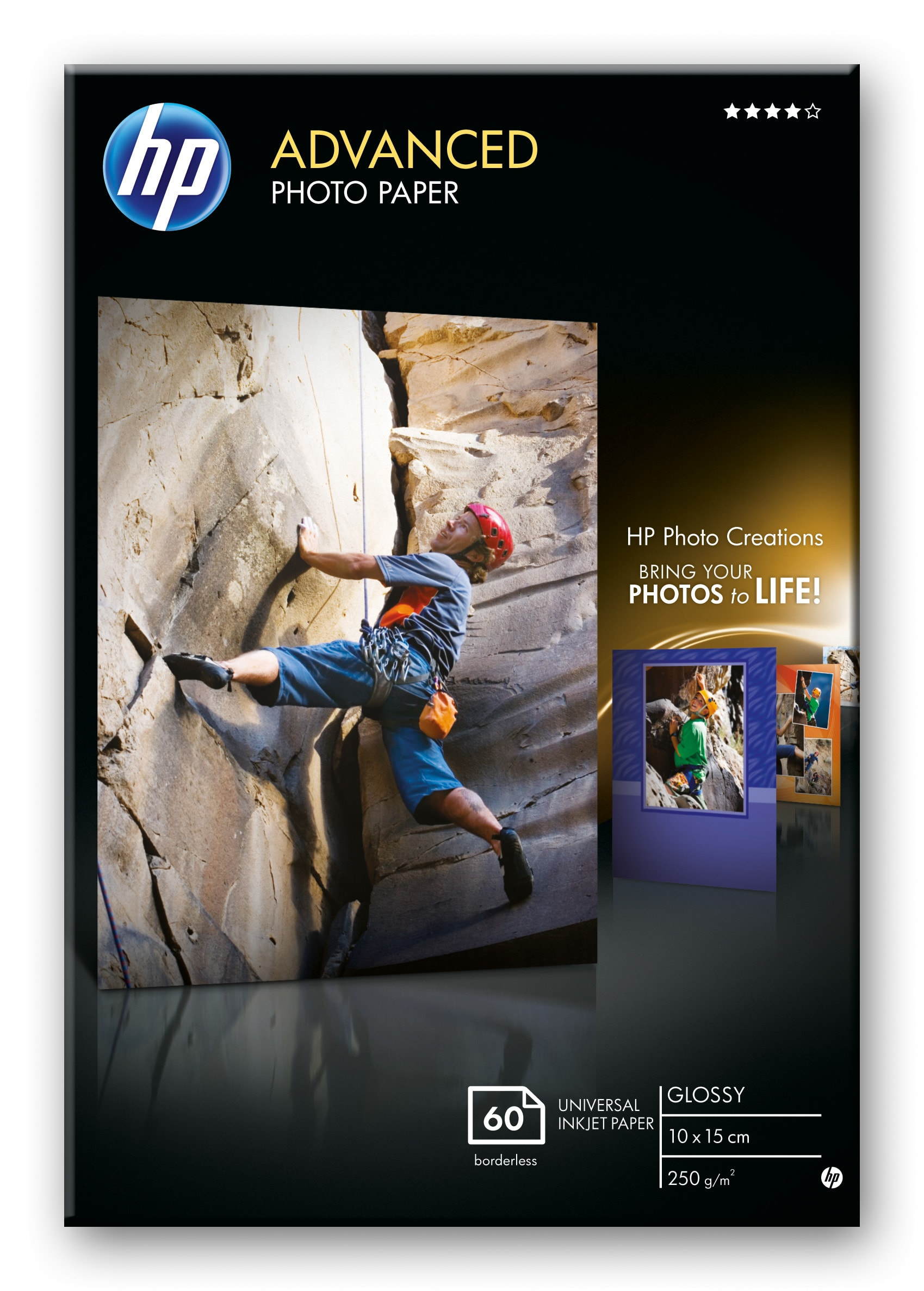HP Papel fotografico satinado avanzado 250g/m2, 10x15cm, sin bordes, 60 hojas