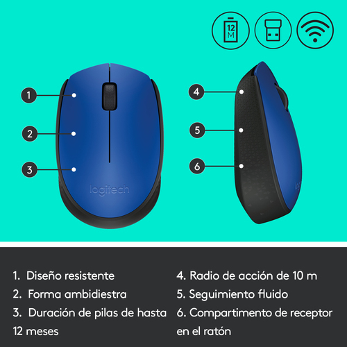 LOGITECH Raton m171 optico wireless azul