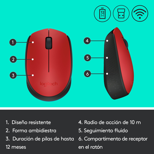 LOGITECH Raton m171 optico wireless rojo