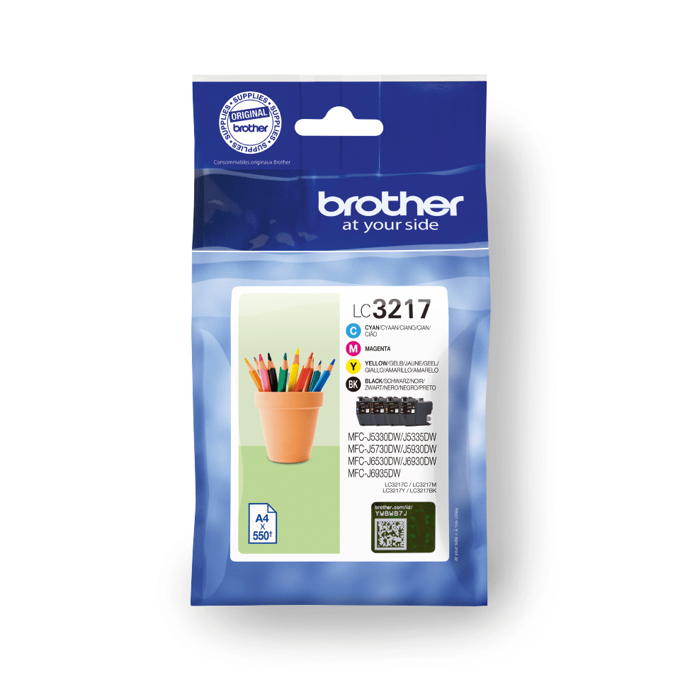 BROTHER Pack de 4 cartuchos de tinta negro, cian, magenta y amarillo LC3217VAL para MFCJ5330, MFCJ65